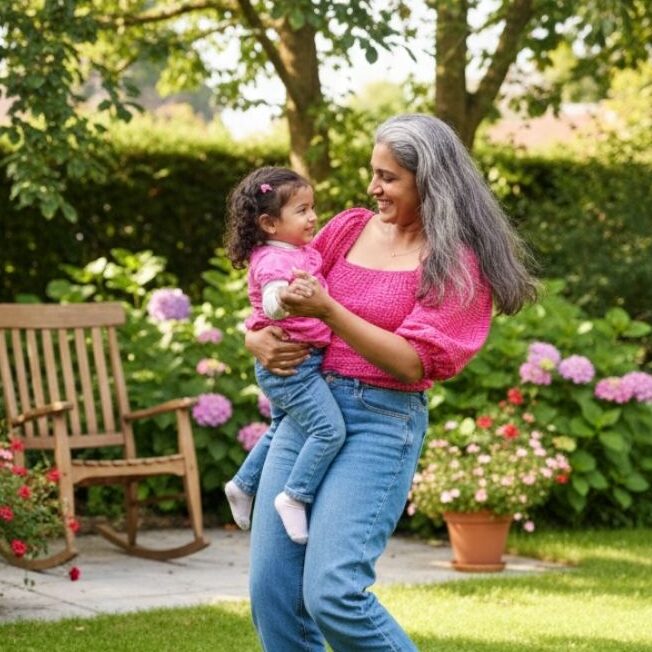 Door zelfonderzoek relatie met het innerlijk kind herstellen Ushadevie met haar innerlijk kind dansend in de tuin
