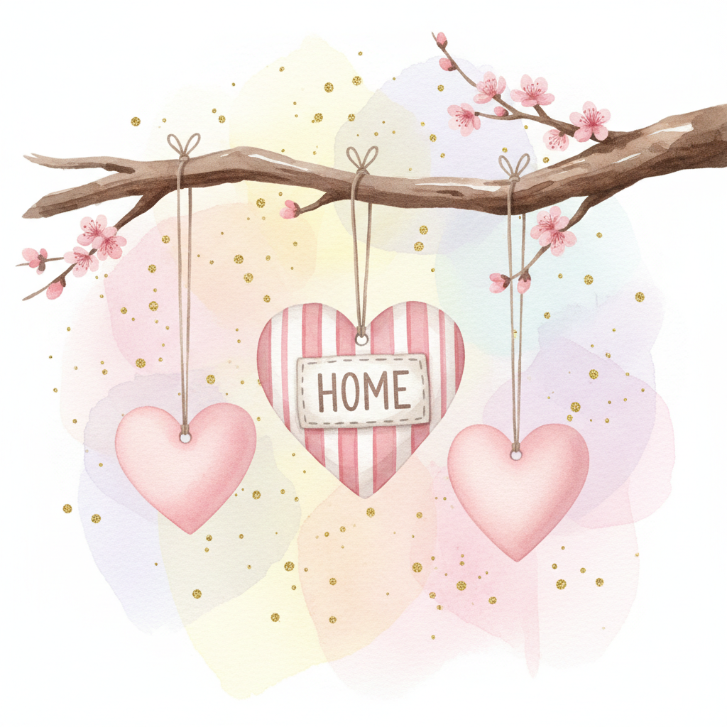 Zelfzorg is Zelfliefde Tak met bloemknoppen waar hartjes aan hangen, pastelkleuren